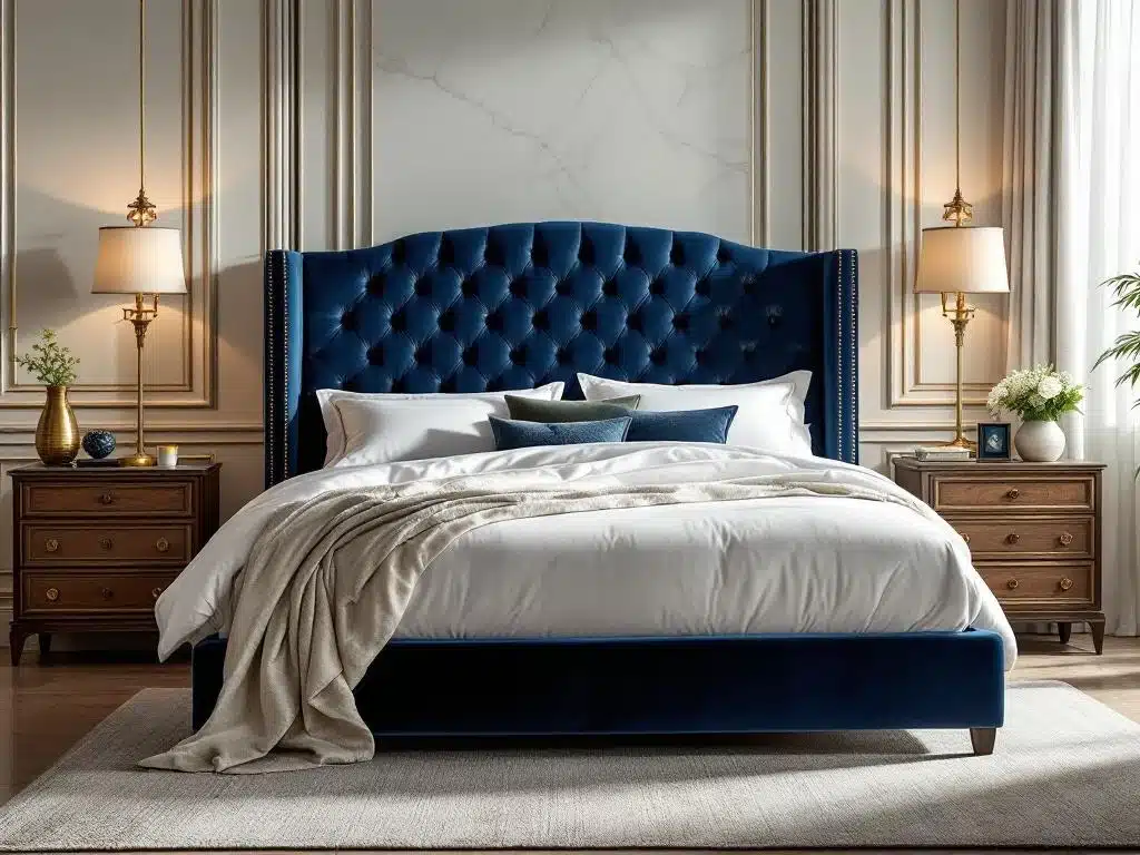 Luxe kingsize bed met fluwelen hoofdeinde, witte linnen en goud-navy accenten in elegante slaapkamer