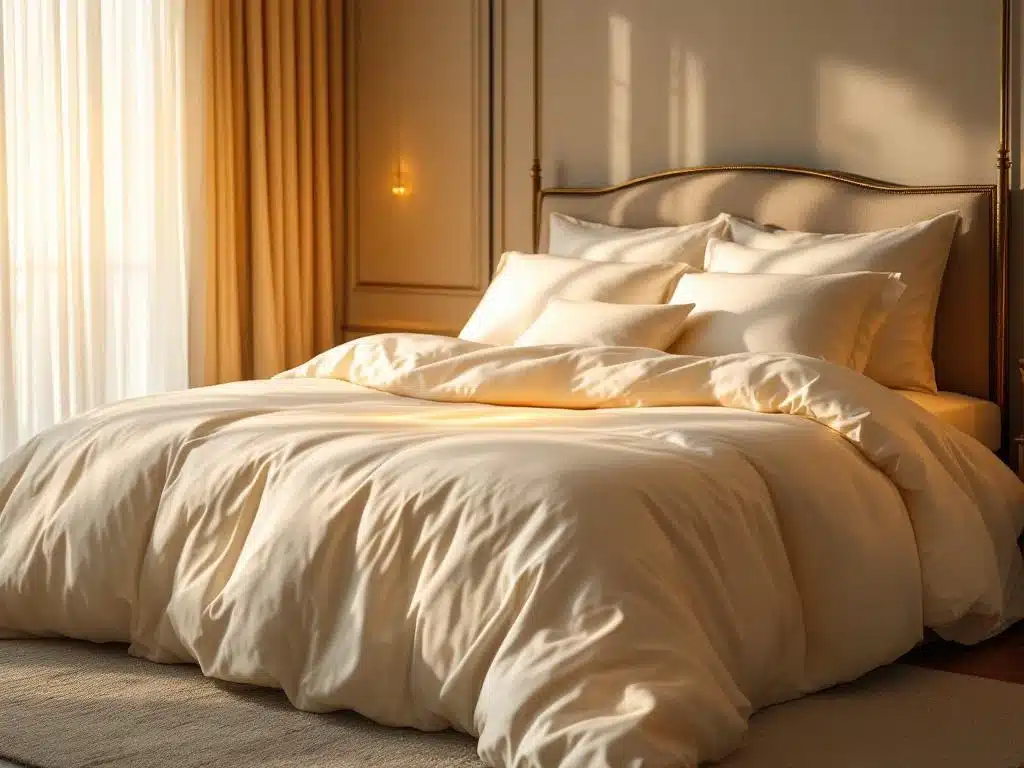 Luxe kingsize bed met witte lakens en kussens in gouden ochtendlicht, elegante slaapkamer met crème en navy accenten