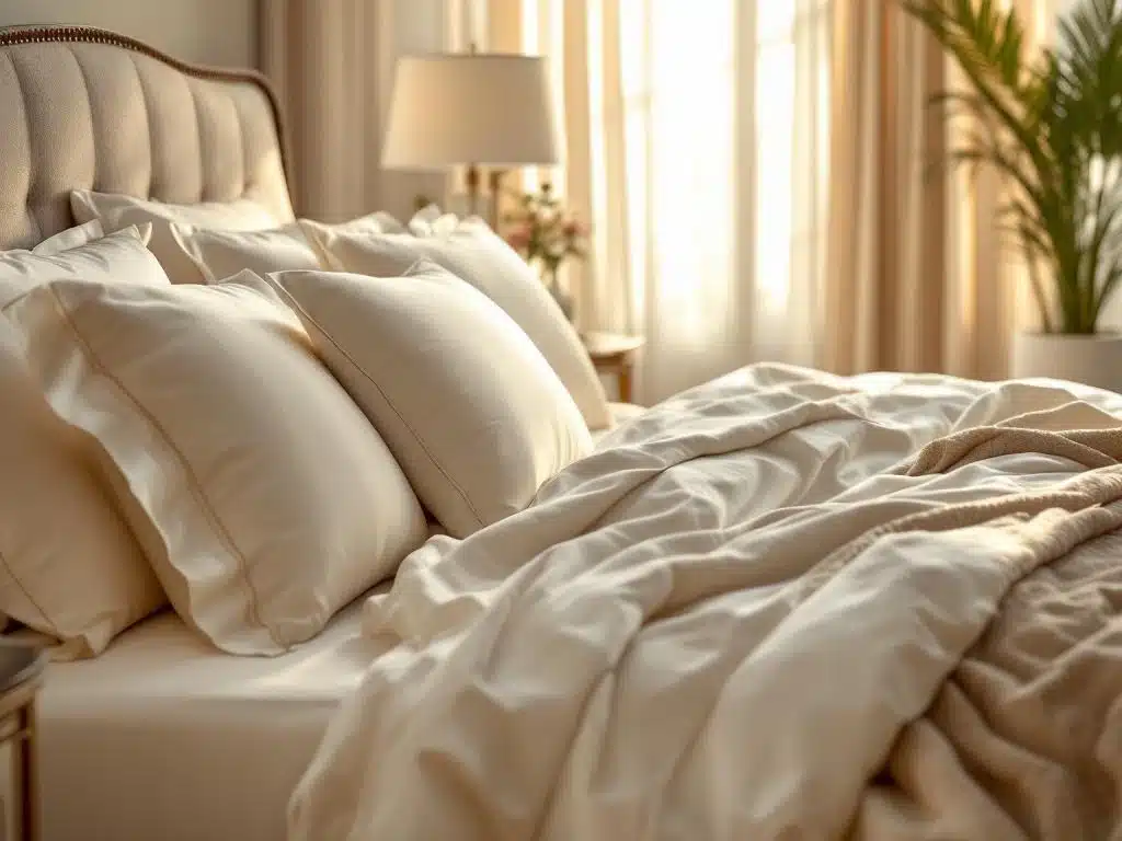 Luxe kingsize bed met witte linnens en zachte kussens in elegante slaapkamer met gouden ochtendlicht