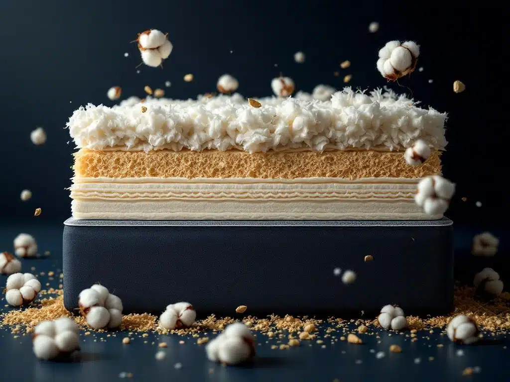 Doorsnede van luxe boxspring matras met natuurlijke lagen van biologisch katoen, wol, paardenhaar en latex