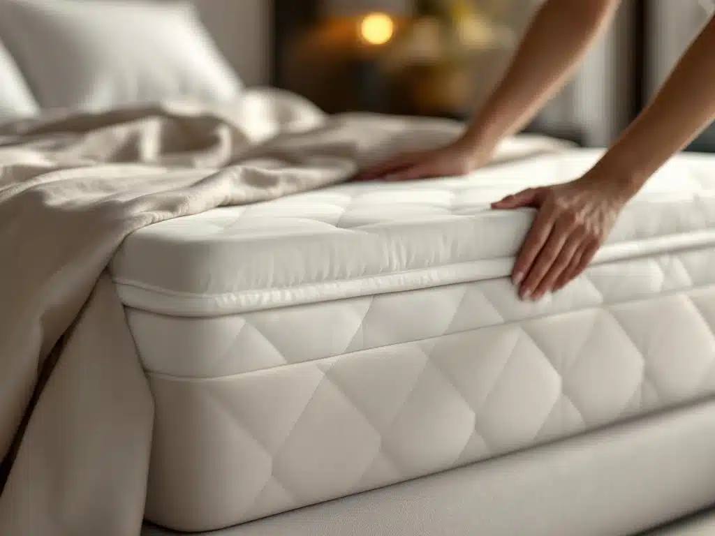 Luxe matrastopper wordt geplaatst op wit matras in elegante slaapkamer met warme verlichting en hoogwaardige beddengoed