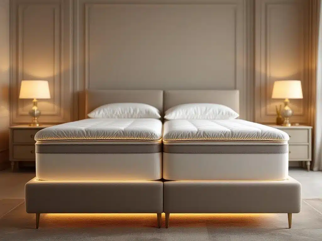 Luxe split-top boxspring bed met twee onafhankelijk verstelbare matrassecties in elegante slaapkamer met neutrale tinten