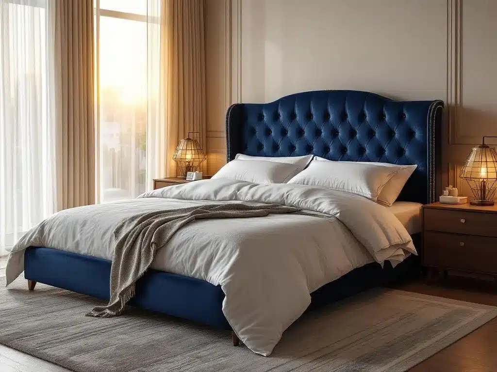 Luxe tweepersoonsbed met donkerblauwe fluwelen hoofdeinde in elegante slaapkamer met warme verlichting