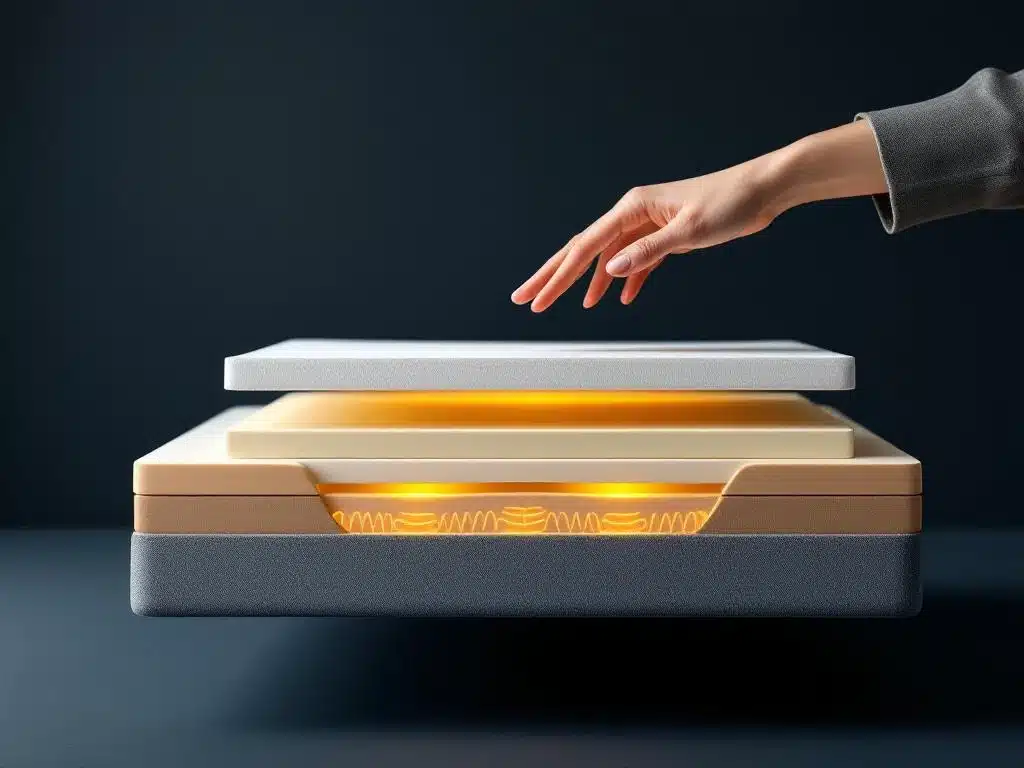 Doorsnede luxe boxspring matras met kleurgecodeerde firmheidszones en zichtbare veren, hand test comfort