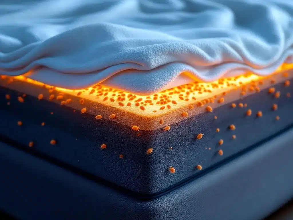 Dwarsdoorsnede luxe boxspring matras met zichtbare lagen en oranje verlichte huisstofmijten in vezels