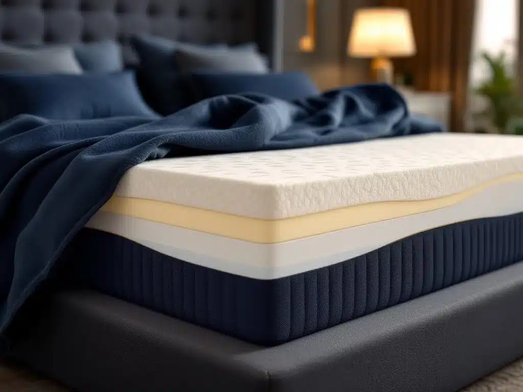 Luxe matras met dwarsdoorsnede toont vering, schuimlagen en crème topper in elegante slaapkamer met navy-goud decor