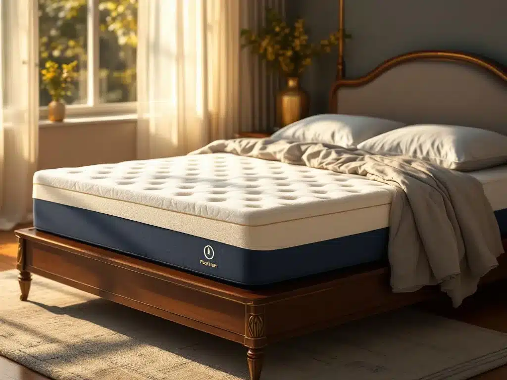 Luxe matras met zachte topper laag op houten bedframe in elegante slaapkamer met gouden verlichting en navy decor