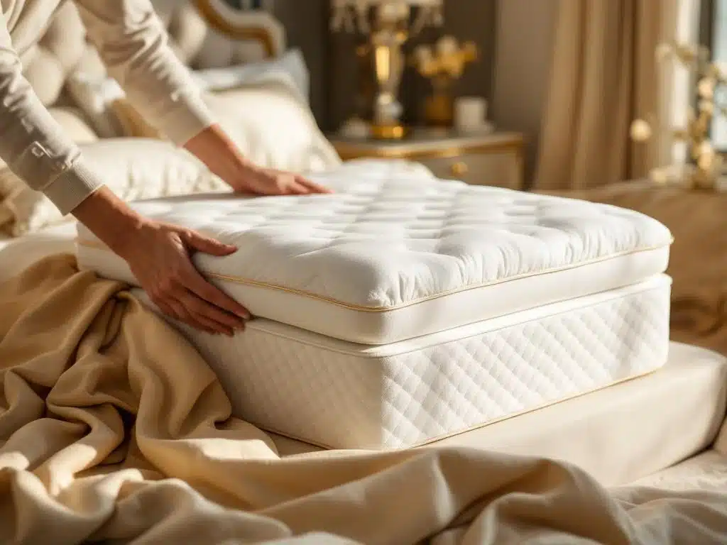 Witte matrastopper wordt geplaatst op luxe matras in elegante slaapkamer met warme verlichting en crème tinten.