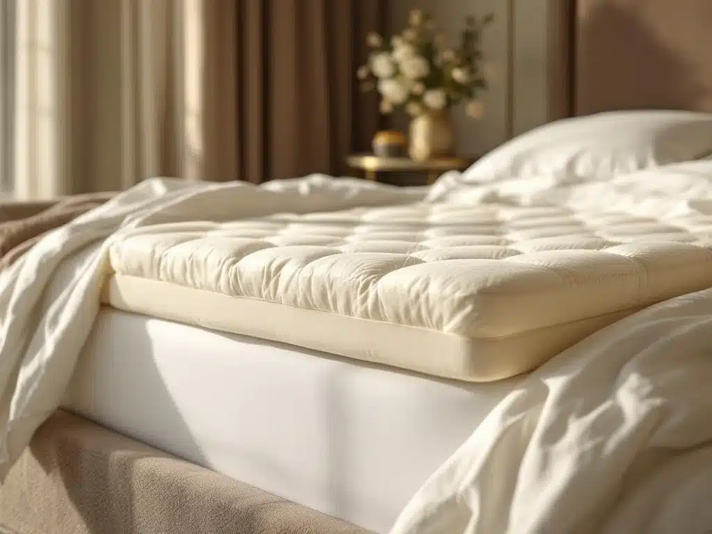 Luxe crème matrastopper op wit matras in elegante slaapkamer met warme beige tinten en zachte verlichting