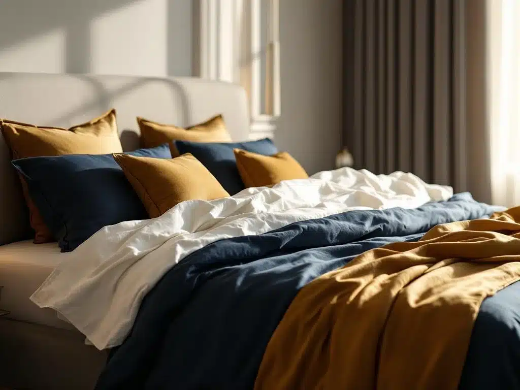 Luxe matrastopper glijdt van bed af in elegante slaapkamer met marine en gouden beddengoed bij ochtendlicht