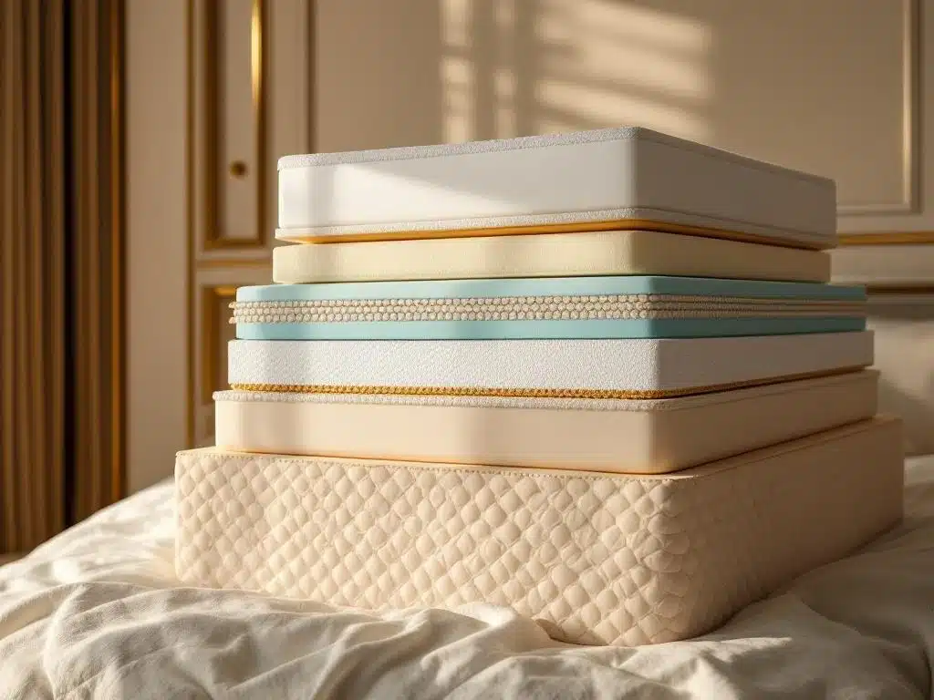 Stapel van luxe matrasmtoppers in verschillende diktes van 2cm tot 10cm, van memory foam, latex en dons in slaapkamer