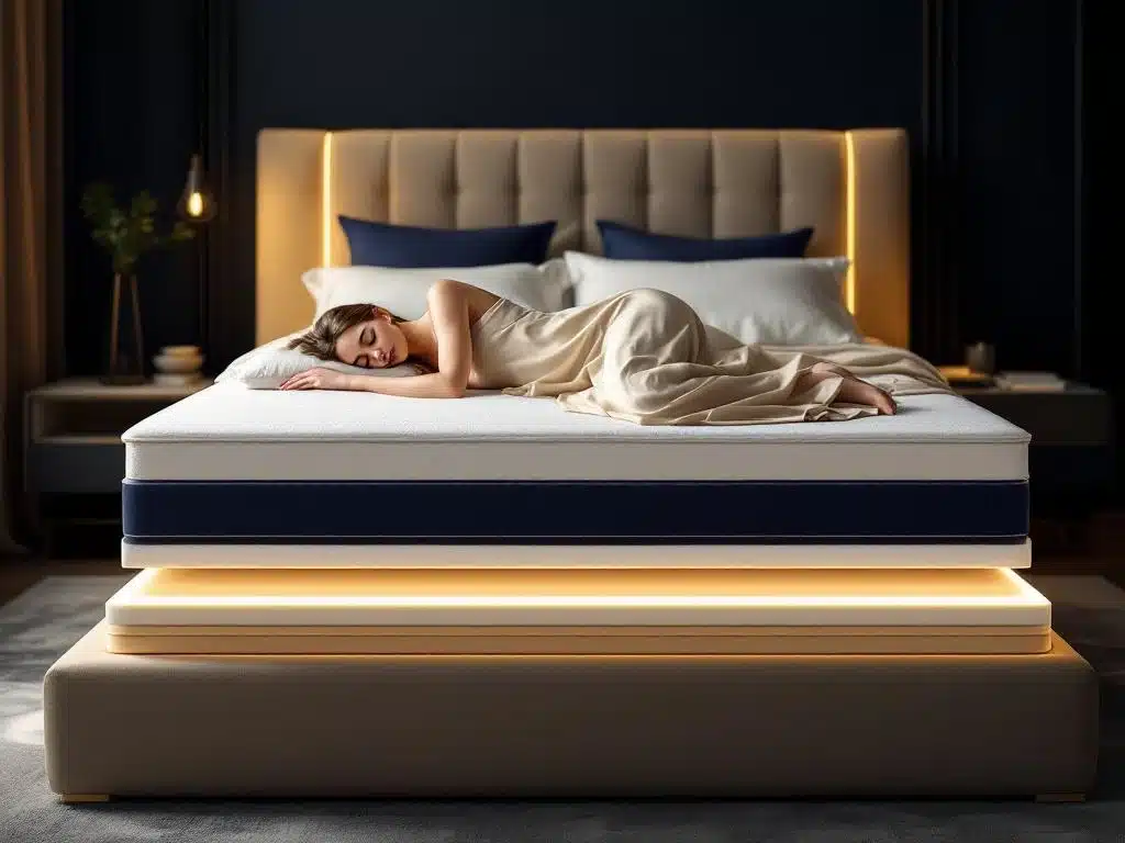 Luxe matrastoppers in doorsnede met slaaphouding silhouetten op premium beddengoed met memory foam en latex details