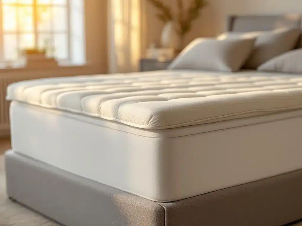 Luxe boxspring bed met wit matras en crème topper in elegante slaapkamer met warme verlichting