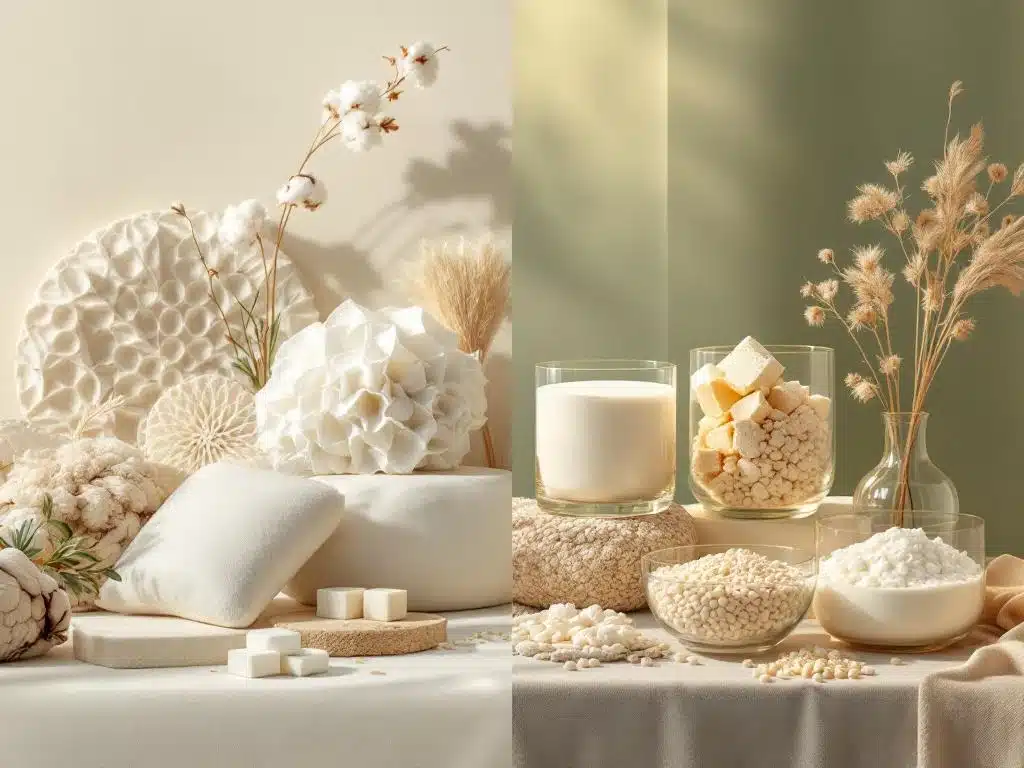 Natuurlijke matrasmaterialen en premium kussenvullingen getoond in elegante glazen containers met warme verlichting