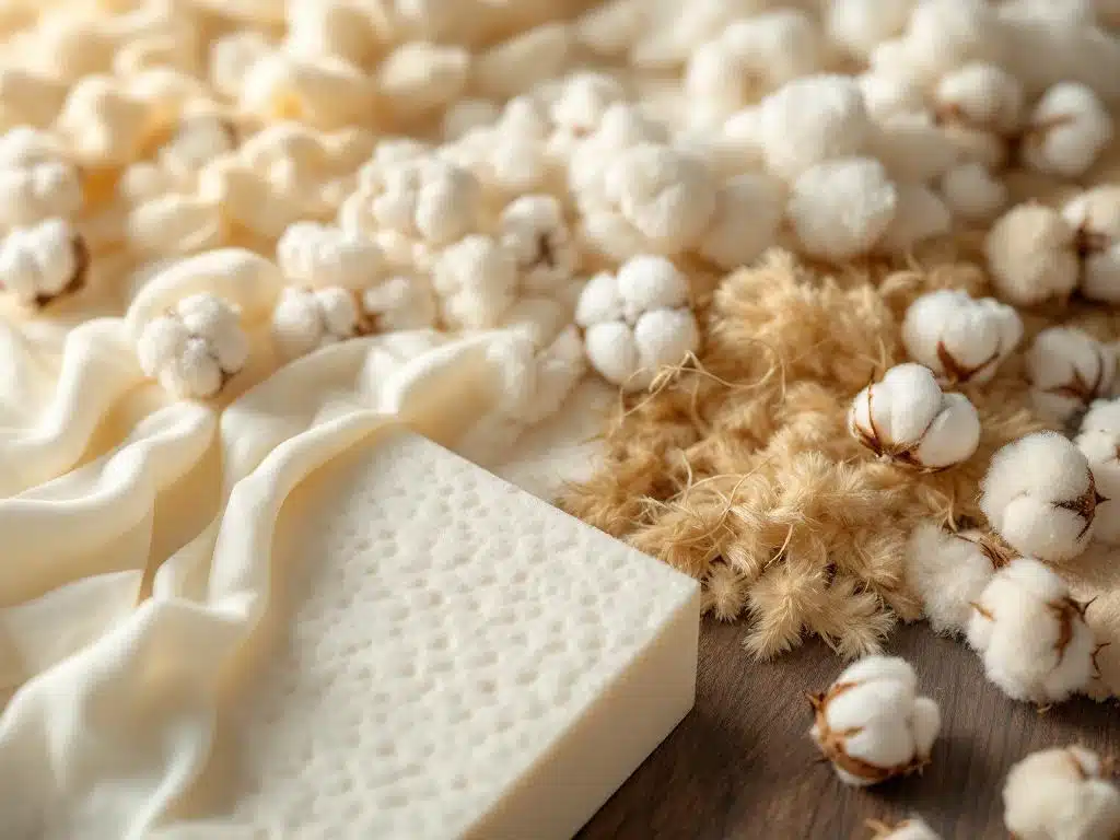 Luxe natuurlijke materialen voor matrasbedekkers: latex schuim, biologisch katoen, bamboe en wol op donker hout