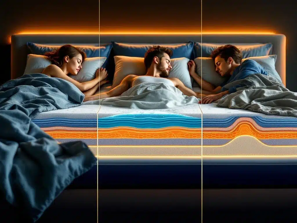 Drie slaapposities op premium matrassen met dwarsdoorsnede van pocketveren, schuimlagen en natuurlijke materialen