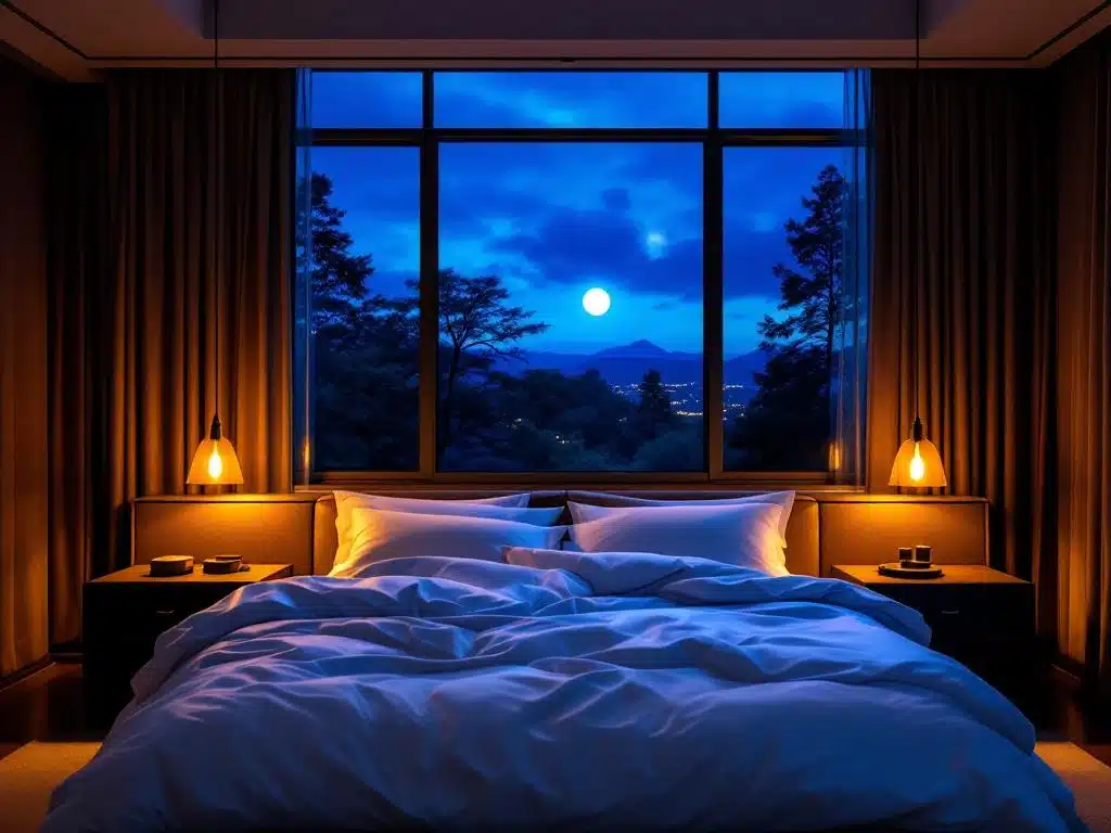 Luxe slaapkamer bij schemering met warme bedlampjes, maanlicht door ramen en gelaagde verlichting voor betere slaap