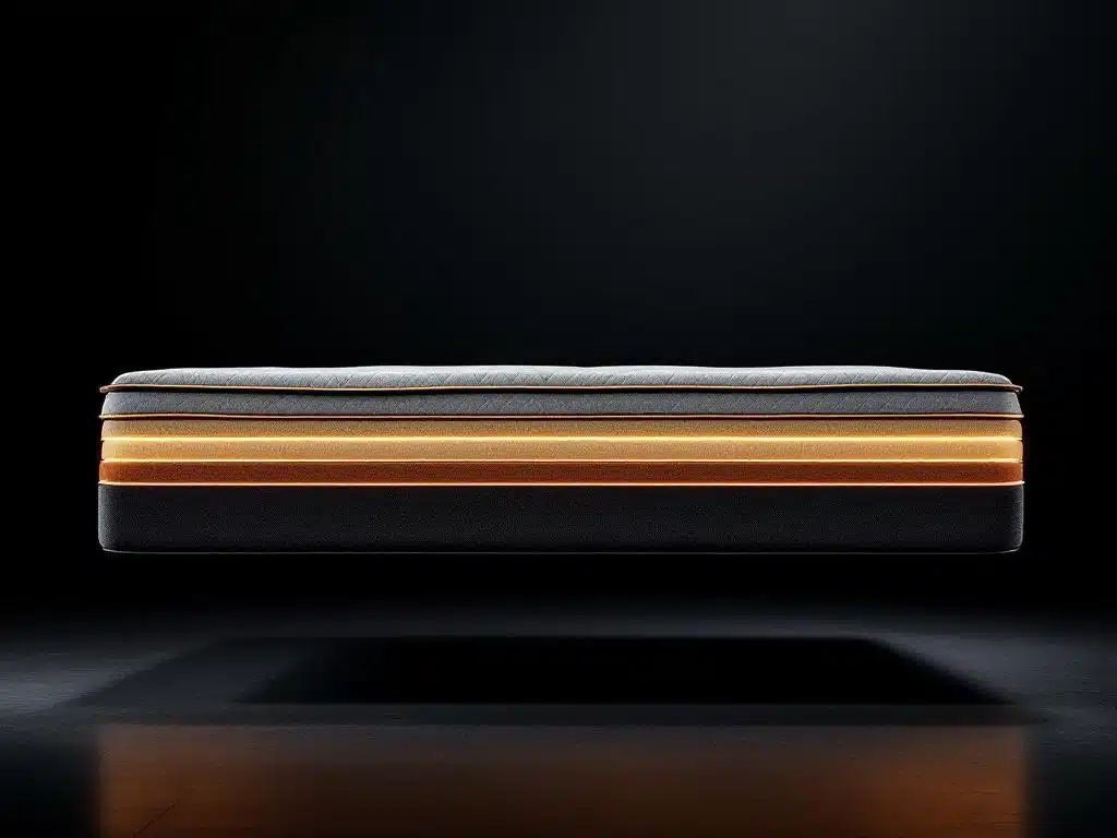 Auping matras in zijaanzicht met zichtbare gelaagde constructie en kwalitatieve afwerking tegen donkere achtergrond