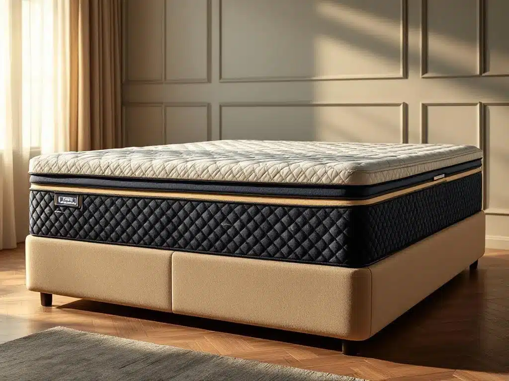 Luxe boxspring bed met gelaagde constructie in champagne en marineblauw, verlicht door warm zijlicht op houten vloer