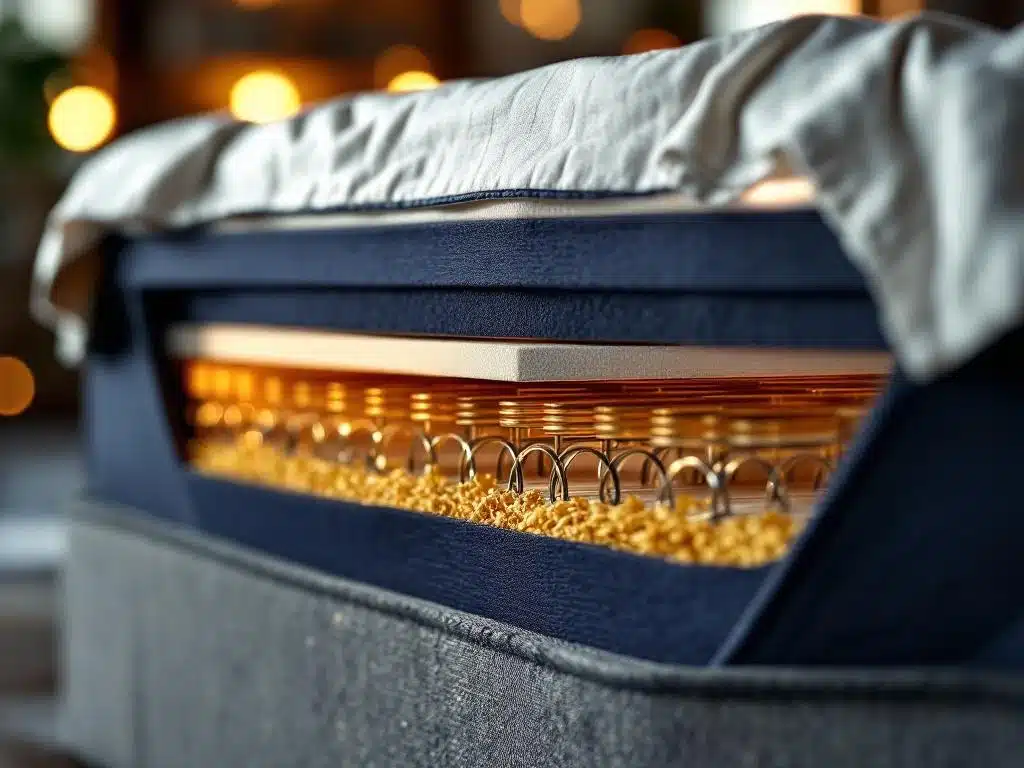 Dwarsdoorsnede van luxe boxspring met pocketveren, paardenhaar, wol en linnen bekleding in showroom