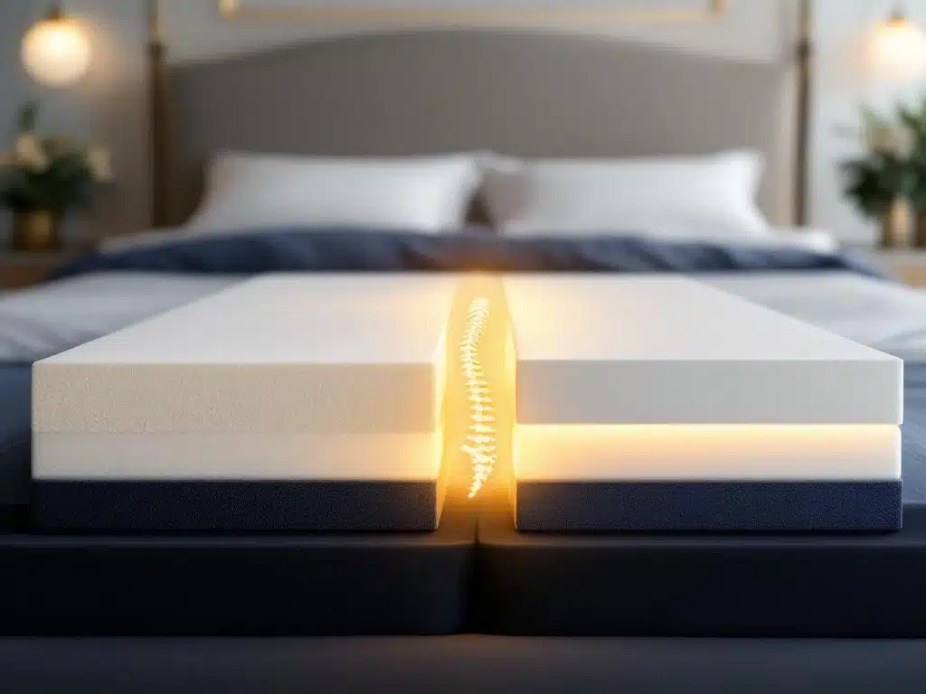 Doorsnede van memory foam en cold foam matrassen met gouden wervelkolom overlay voor rugsteun vergelijking