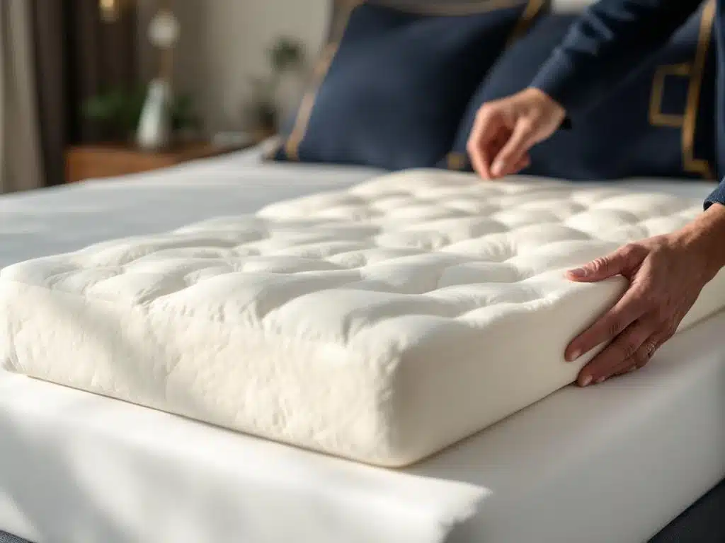 Luxe matrastopper wordt op premium wit matras geplaatst in stijlvolle slaapkamer met natuurlijk ochtendlicht