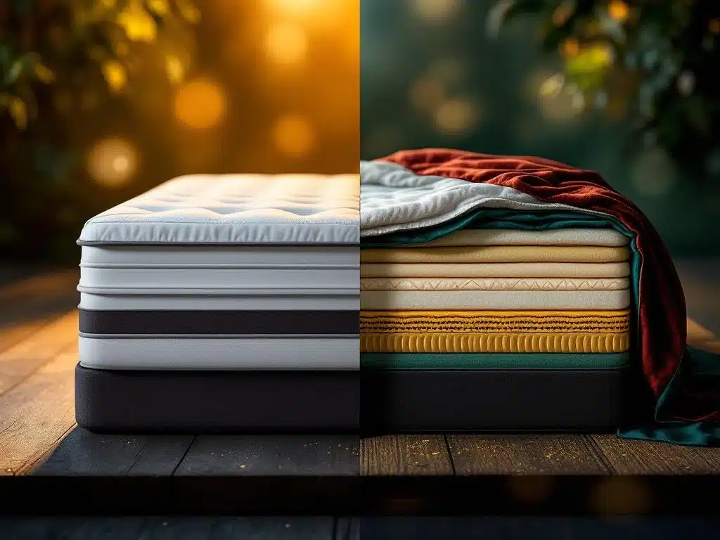 Vergelijking van een budget matras en een luxe handgemaakt matras met zichtbare lagen in dwarsdoorsnede