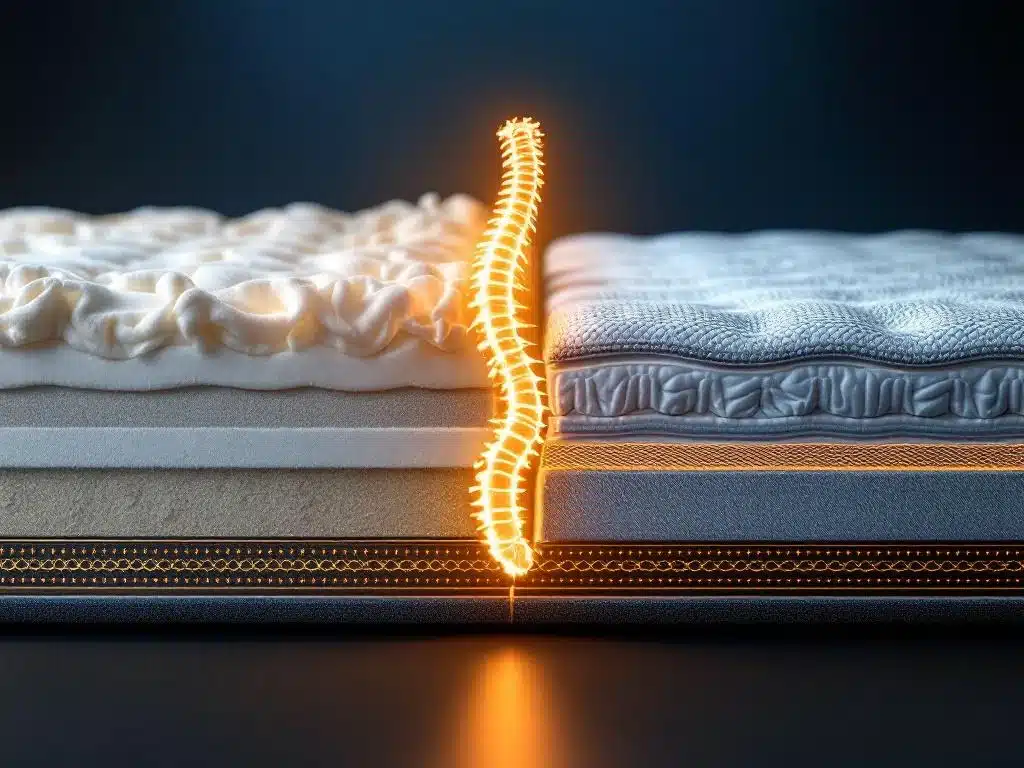 Dwarsdoorsnede van matras met memory foam lagen en pocketveren met verlichte wervelkolom overlay op blauwe achtergrond