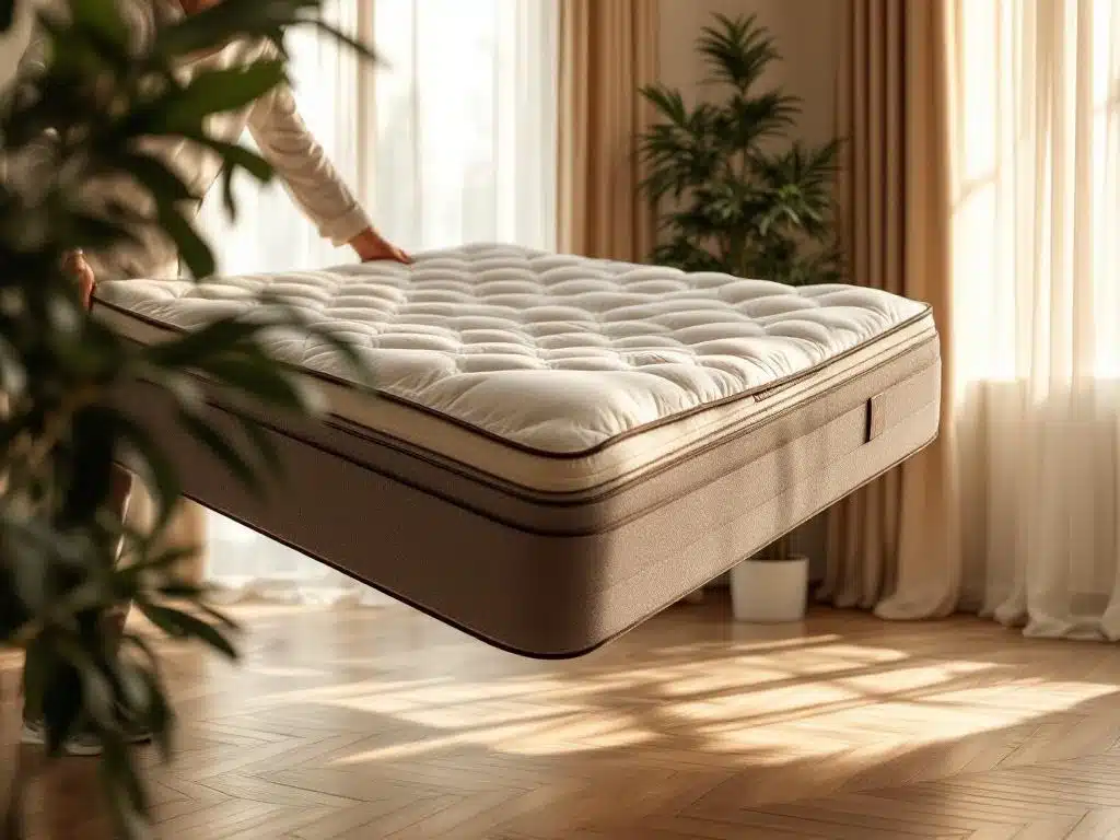 Luxe matras wordt opgetild in stijlvolle Amsterdamse slaapkamer met visgraatvloer en duurzame sfeer