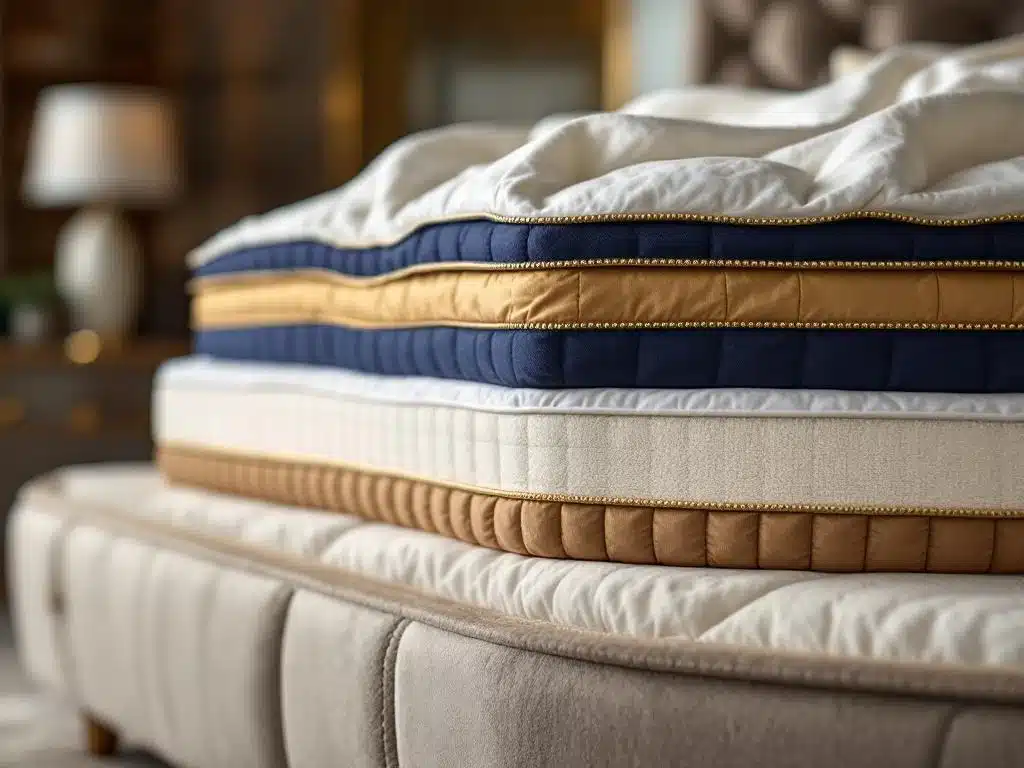 Zijaanzicht van twee luxe matrasdekbedden in verschillende diktes met gelaagde materialen op elegant bed