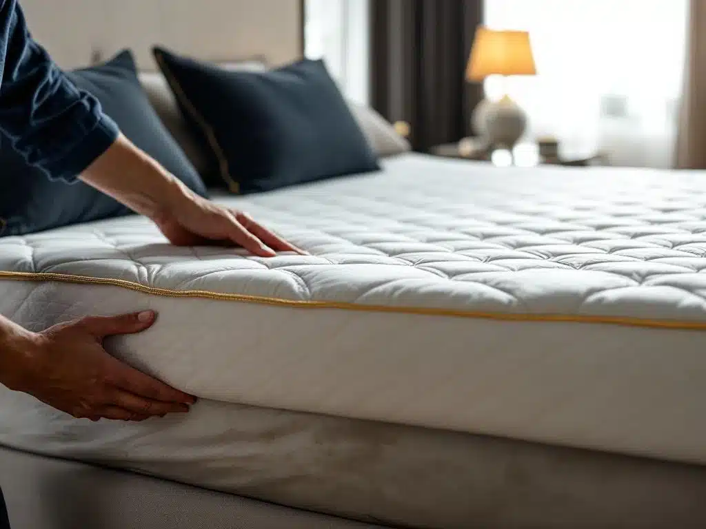 Luxe matrastopper wordt geplaatst op oud matras, toont transformatie van versleten naar comfortabel bed