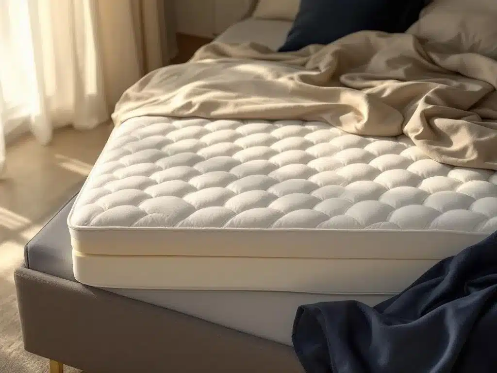 Luxe matrastopper in wit met gelaagde doorsnede op bed met premium linnen in natuurlijk licht