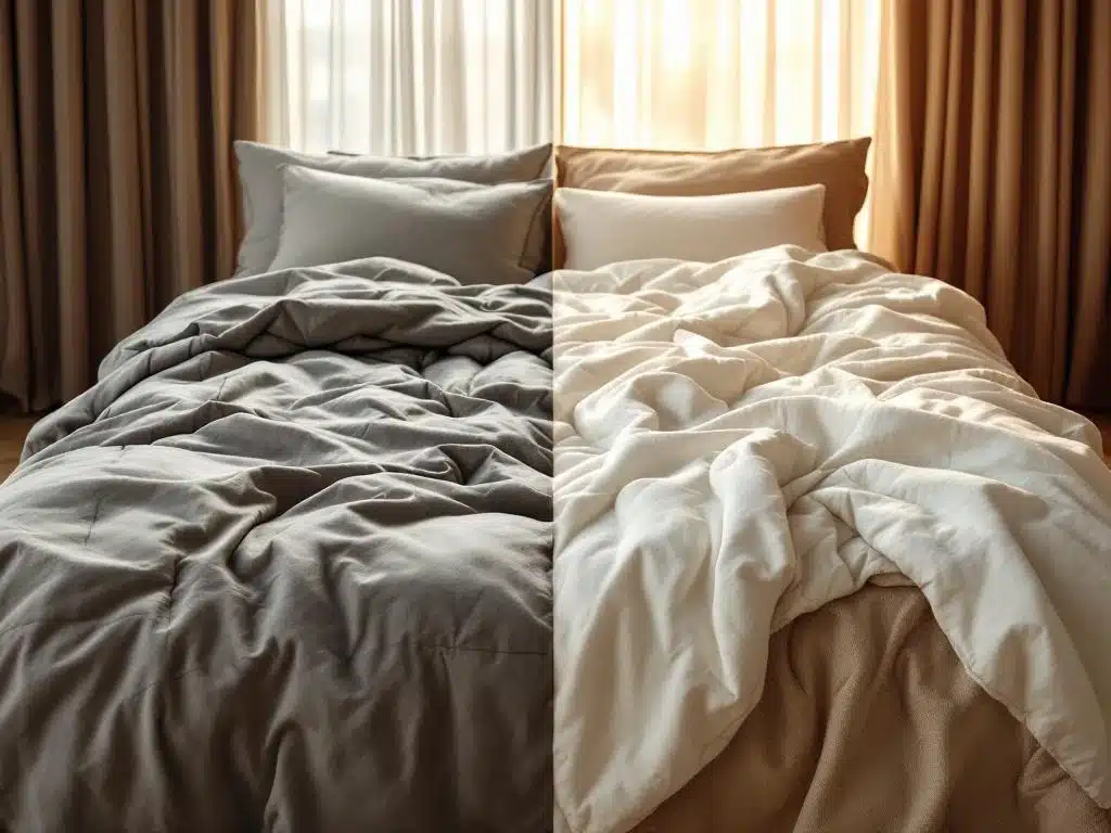 Vergelijking van oude doorliggende matras en nieuwe luxe handgemaakte matras met natuurlijke materialen in slaapkamer