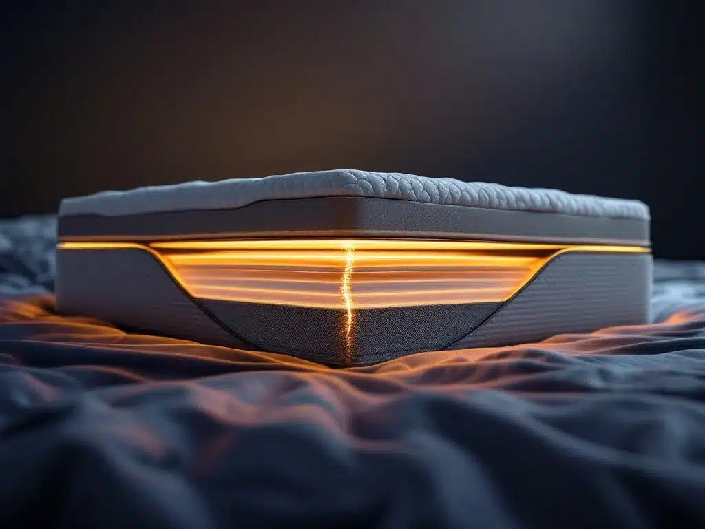 Luxe matras in dwarsdoorsnede met gelaagde constructie en ruggengraat uitlijningsvisualisatie voor orthopedische ondersteuning